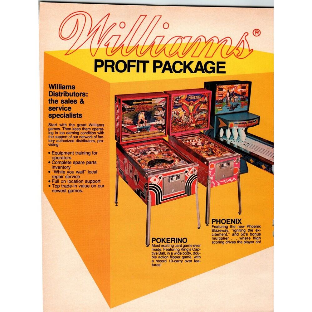 Pokerino Phoenix Pinball Machines Pompeii Shuffle Alley Arcade Game Magazine AD